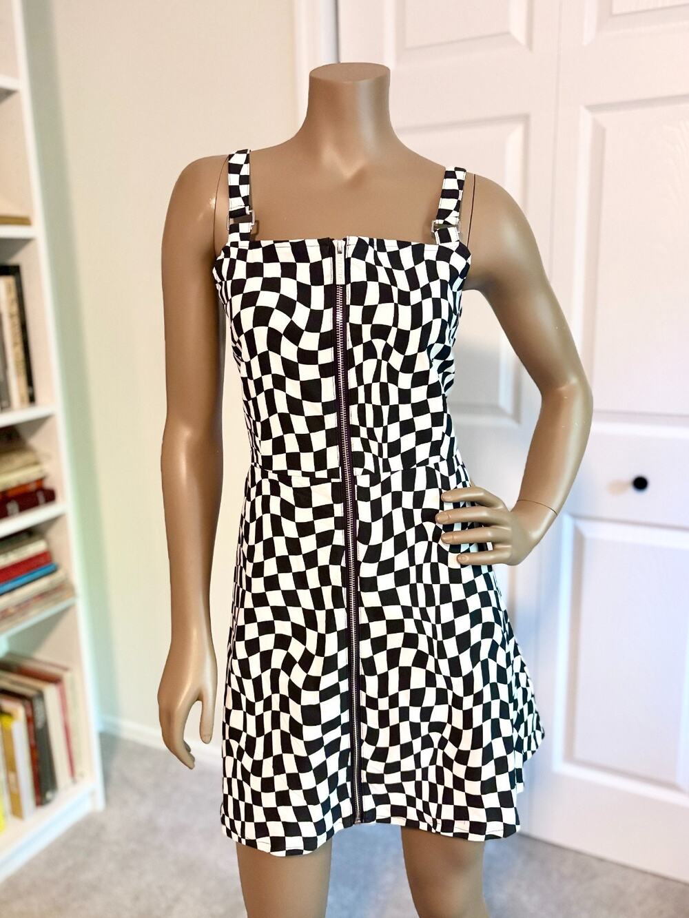 Killstar Punktured Dress L Black White Checkerboard Zip Front Gothic Punk NWT